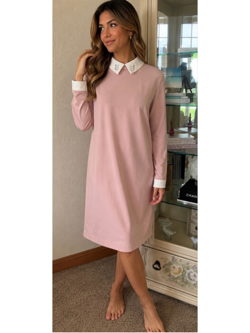 New Women's Victoria Beckham for Target Pink Long Sleeve Dress M Bunny Collar